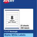 Avery Matte White Rectangle Labels, Sure Feed Technology, 1" x 7", 200 Matte White Printable Labels