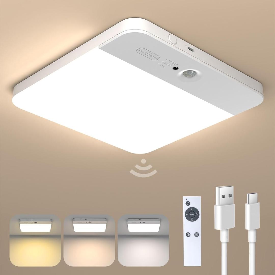 Rechargeable Motion Sensor LED Ceiling Light with Remote, Wireless Battery Operated Closet Light, 400LM Dimmable 3 Color Temperatures, Motion Activated Light for Stair Hallway Garage Pantry (1-pack)