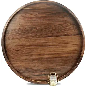 28 Inches Extra Large Round Black Walnut Wood Ottoman Tray with Handles, Serve Tea, Coffee, Classic Circular Wooden Decorative Serving Tray