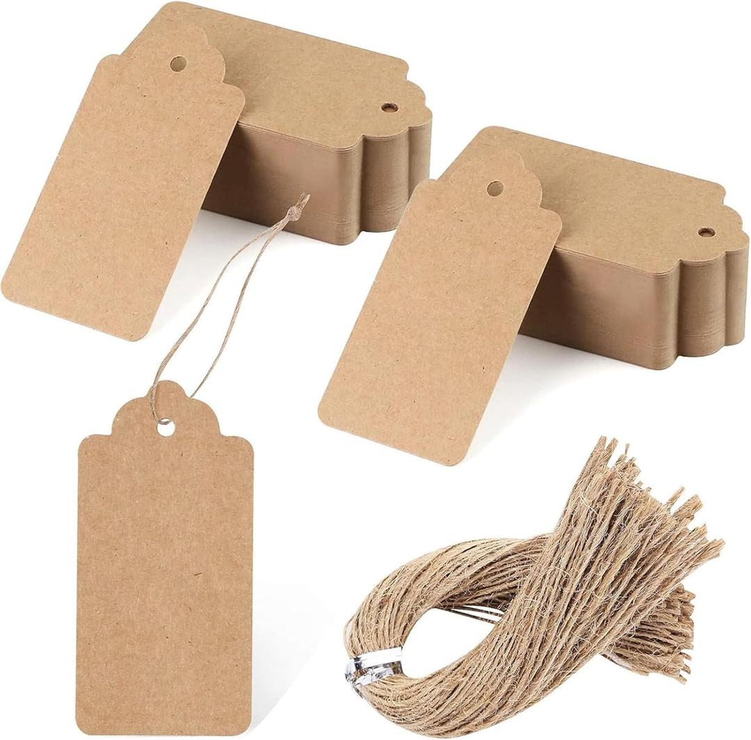 SallyFashion 100pcs Gift Tags with String Attached, 2 x 4 inch Kraft Paper Hang Tags for Clothes DIY Crafts Wedding Holiday (Brown)