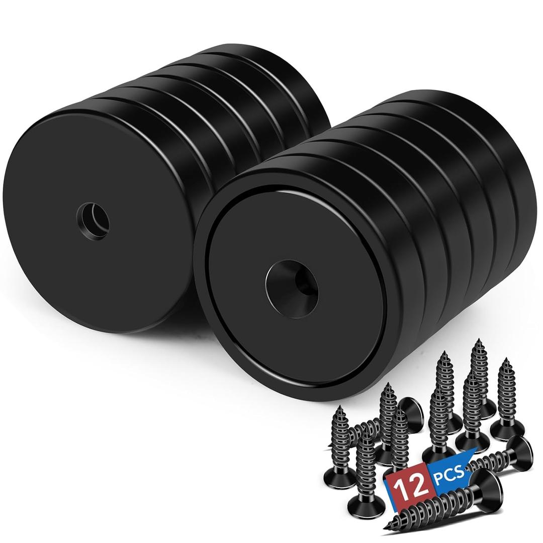 LOVIMAG Magnets,150lb+ Waterproof Strong Neodymium Cup Magnets with Screws for Wall Mounting,12Pcs Black Rare Earth Magnet, Heavy Duty Magnet with Countersunk Holes for Holding Tools Lifting,Hanging