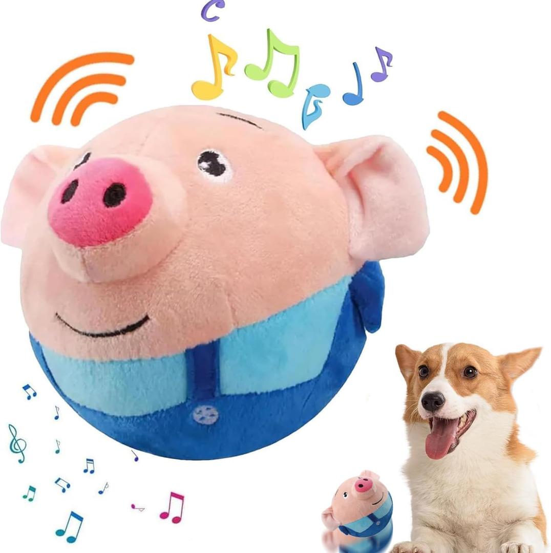 Active Moving Pet Plush Toy, Interactive Dog Toys Pet Bouncing Balls, USB Rechargeable Interactive Washable Cartoon Pig Plush Sound Electronic Dog Toy, Small Cute Squeaky Pig Dog Toy (Blue)