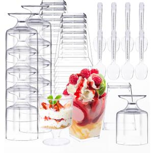 Whaline 100Pcs 5oz Dessert Cup Set with Spoons 50 pcs Clear Plastic Parfait Cup Mini Square Dessert Goblet Appetizer Cups 50 pcs Plastic Spoons for Fruit Ice Cream Cake Party Events Supplies