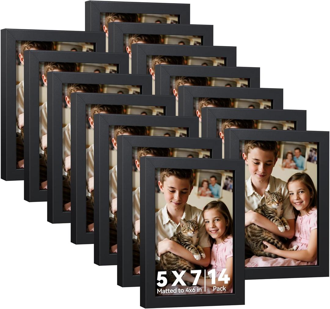 HappyHapi 5x7 Picture Frames Bulk, 14 Pack Photo Frames, Display Pictures 4x6 with Mat or 5x7 without, Wall Hanging Photo Frame or Tabletop Display (Black)