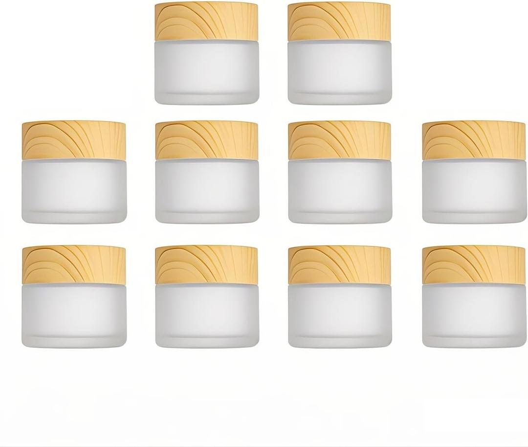 10Packs 10Grams/ML Comestic Frosted Jars Empty Cream Jars Refillable Sample Jars Glass Jar Box Pot with Woodlike Lids and Liners for Lip Balm Eye Cream Makeup Lotion