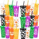 Yoiemivy 24 Pack Halloween Plastic Cups Bulk 24 oz Reusable Halloween Party Cups Cute Ghost Tumblers with Lids and Straws for Party Drinkware Supplies