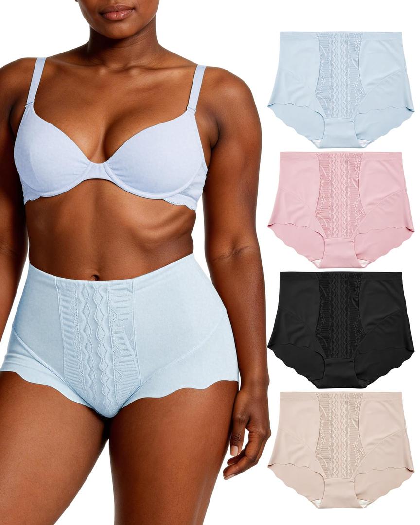 GAI YI 4pack Plus size Women Underwear Tummy Control Shapewear Panties Lace Panties Women Tummy Control Brief for Women Black+Skin+Pink+Blue 3XL