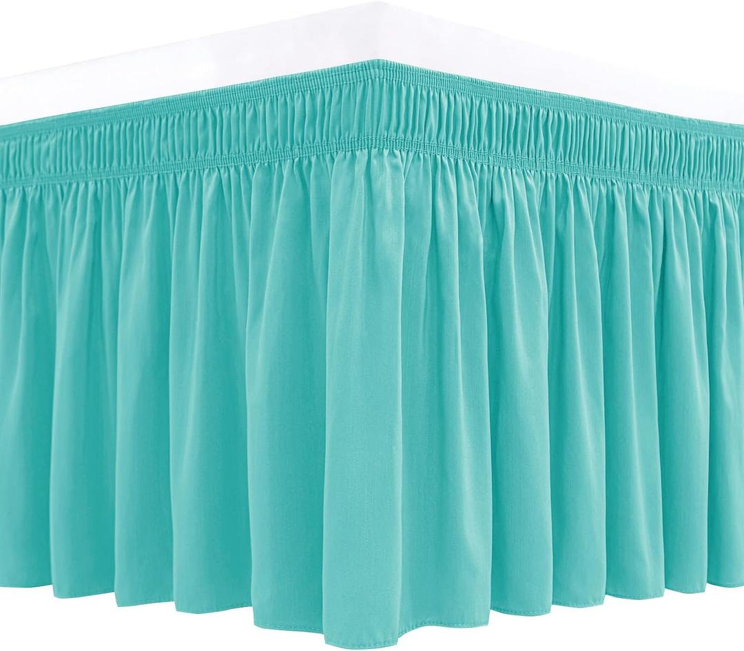 Biscaynebay Wrap Around Bed Skirts for Queen Beds with Short Drop of 12", Aqua Adjustable Elastic Dust Ruffles Easy Fit Wrinkle Resistant Silky Luxurious Fabric Machine Washable