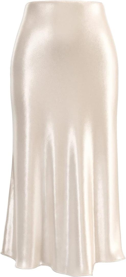 Womens Leopard Print Skirt Midi Long Length Silk Satin High Waist Elastic Skirts (L)