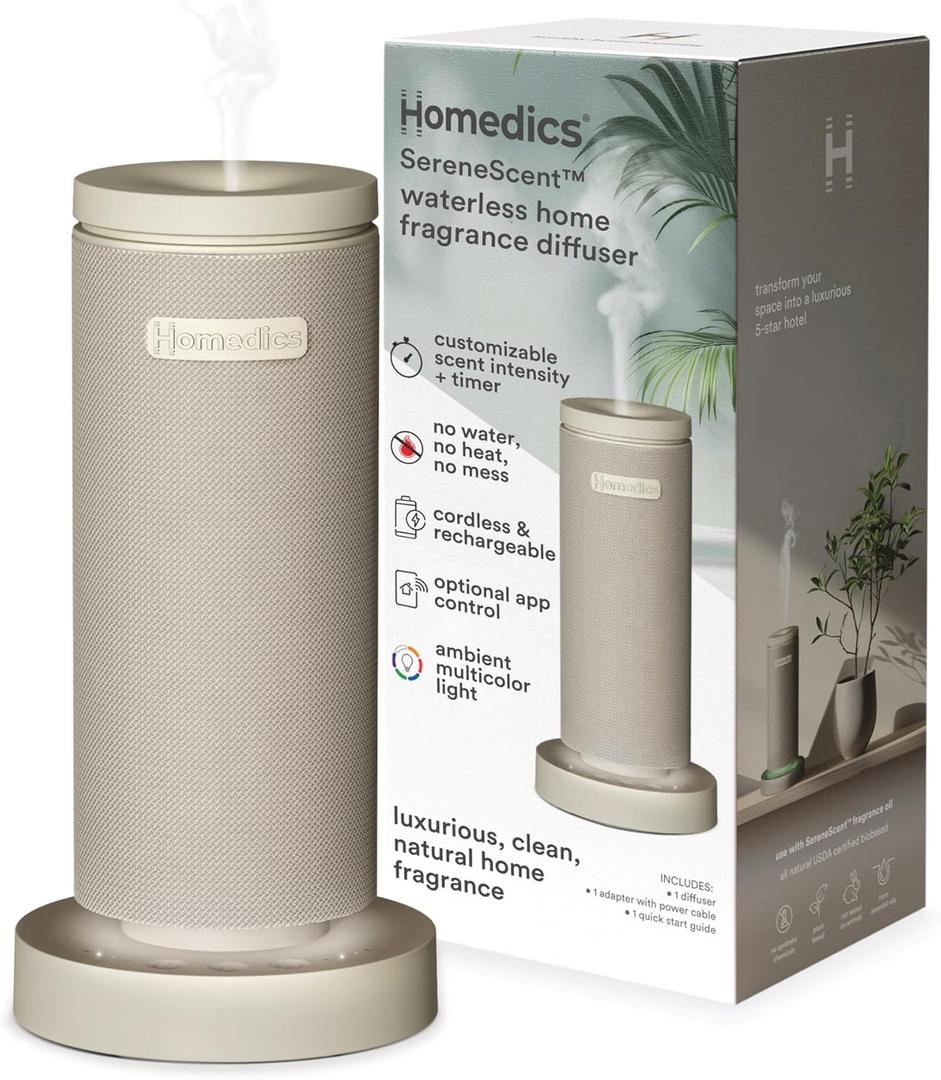 Homedics SereneScent Mini Fabric Rechargeable Waterless Diffuser, Cordless Aromatherapy Device, Use with SereneScent Oil 15ml (Sold Separately), Adjustable Mist Intensity & Ambient Light, Beige