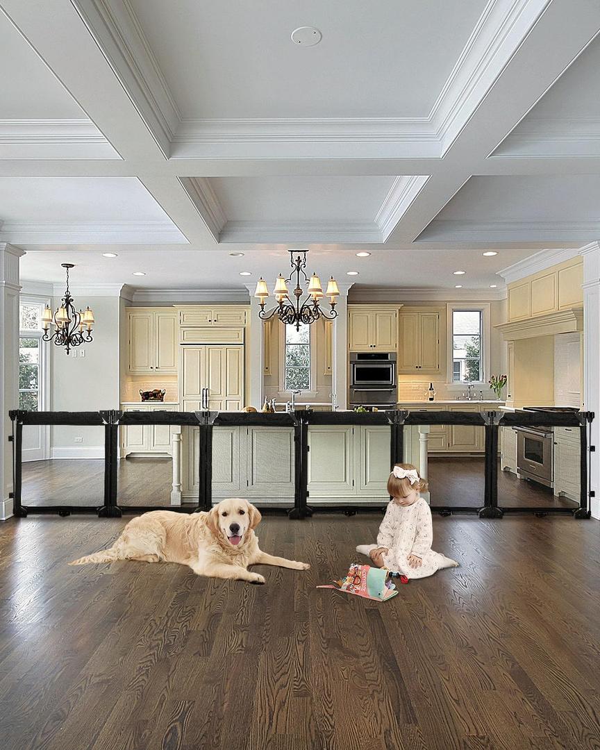 Dearlomum Extra Wide Gate Playpen with Heat-Resistant Mesh, 6 Panel Foldable Fence, Indoor/Outdoor Safety Barrier, Dog Playpen & Fireplace Gate, Black