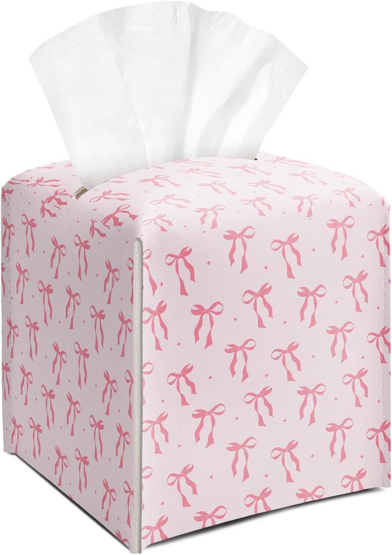 Pink Bow Tissue Box Cover Square, Leather Tissue Holder with Bottom Belt, for Nightstands Desks Office Bathroom Car Vanity Home Decor Supplies -015