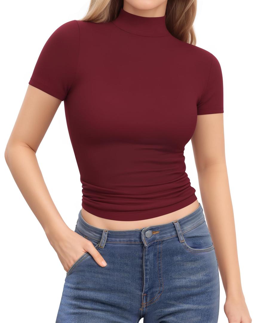 MANGOPOP Women's Turtleneck Mock Neck Shirt Double Lined Long Sleeve Short Sleeve Tops for Women Basic T Shirts Tight Tee (M)