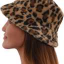 Bucket Hats Fuzzy Sheep Print Women Men Plush Cap Warm Soft Fisherman Hat Adjustable Winter Spring (6 3/4-7 1/4, Brown Leopard)
