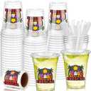 FoldTier 100 Pack Fiesta Plastic Cups 12 oz Mexican Aguas Frescas Disposable Cups with Lids and Straws Mexican Party Favors for May 5th Fiesta Taco Tuesday, Summer Party Supplies
