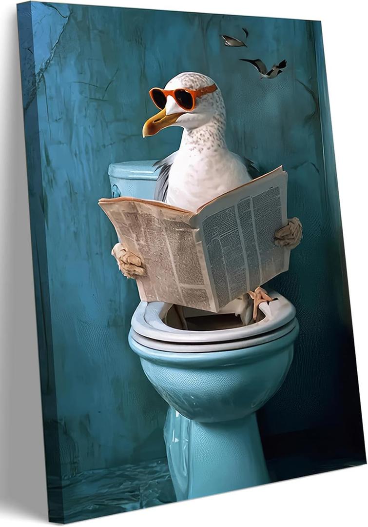 Funny Toilet Canvas Wall Art Humorous Seagull Reading Newspaper Wall Decor Painting Pictures Funny Bird Print for Living Room Bedroom Bathroom Decoration Framed
