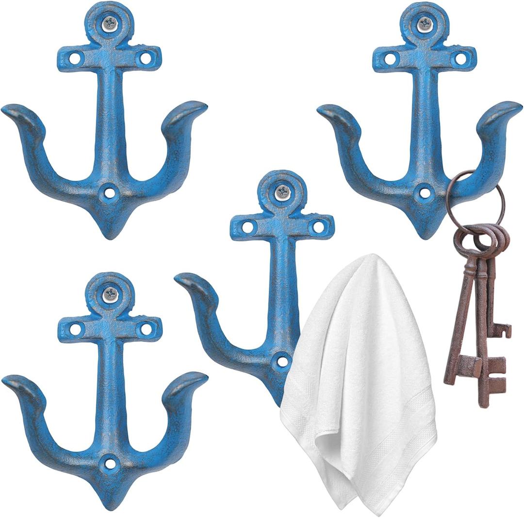 XINGYAN Vintage Rustic Cast Iron Nautical Sea Anchor Design Wall Hooks,Home Coat Rack,Decorative Wall Mounted Antique Shabby Chic Metal Bathroom Towel,Coat Hooks,Hanger,Screws Inside (Blue[4pcs]) (Blue[4pcs])