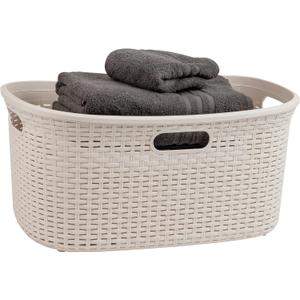 Mind Reader 40L Laundry Basket, Clothes Hamper, Lid, Wicker Design, Plastic, 23"L x 14.25"W x 11"H, Ivory