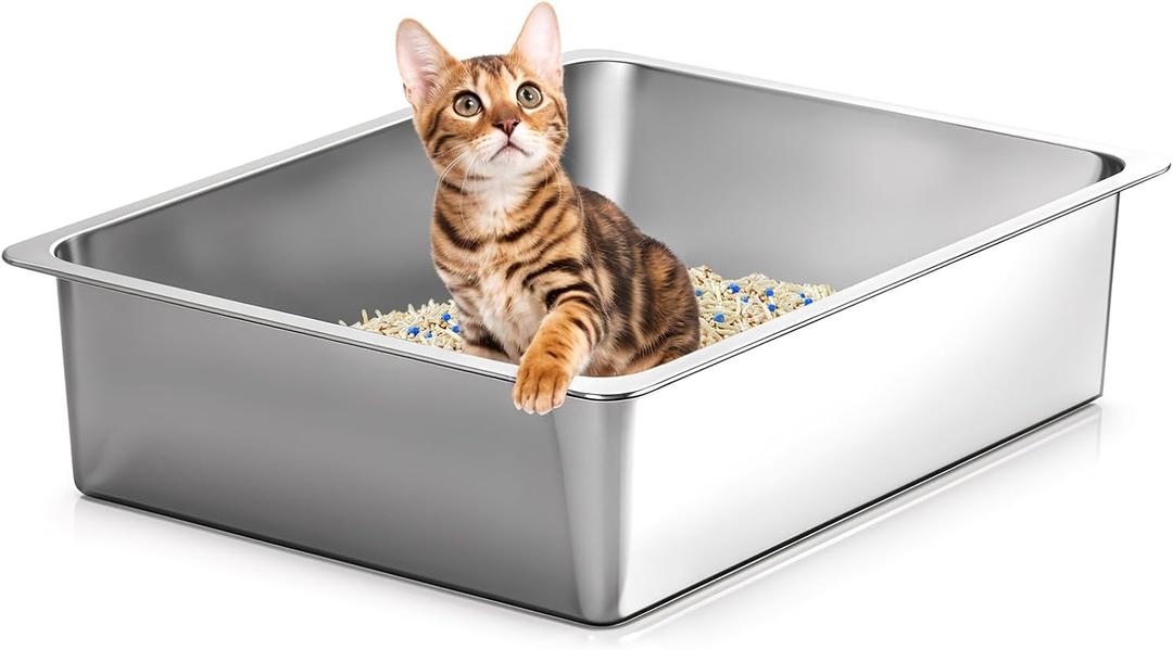 Kirecoo Stainless Steel Cat Litter Box, Small Metal High Sided Cat Pan Box, Indoor Litter Tray, Non Stick, No Smell, Easy to Clean, Pet Toilet Supplies for Cats (15.6 L x 11.6 W x 3.9 H)