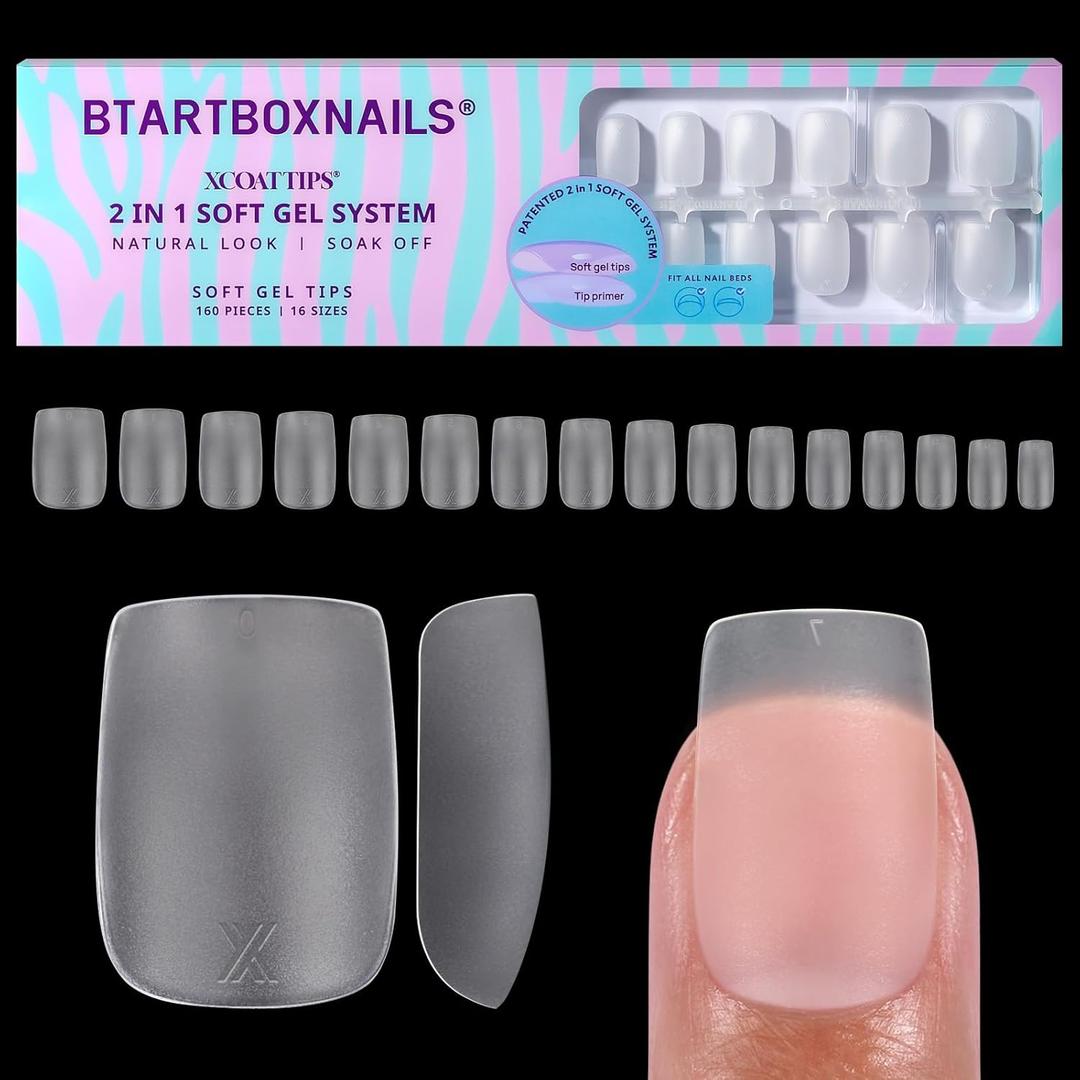 BTArtboxnails XCOATTIPS Clear Soft Gel Short Square Nail Tips - 16 Sizes, Double Sided Pre-etched, Pre-shaped, Easy-to-Apply, Soak Off, Salon Quality Value at Home, 160 Fake Nails