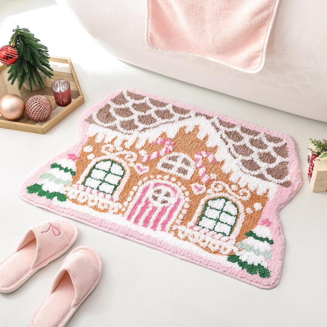 TRUEDAYS Christmas Bathroom Rug - Gingerbread House Rug, Absorbent Bath Mat for Bathroom & Tub Non Slip - Pink Soft Gingerbread Bath Mat, Holiday Decorations Gift for Entryway, Kitchen (20'' x 30'')