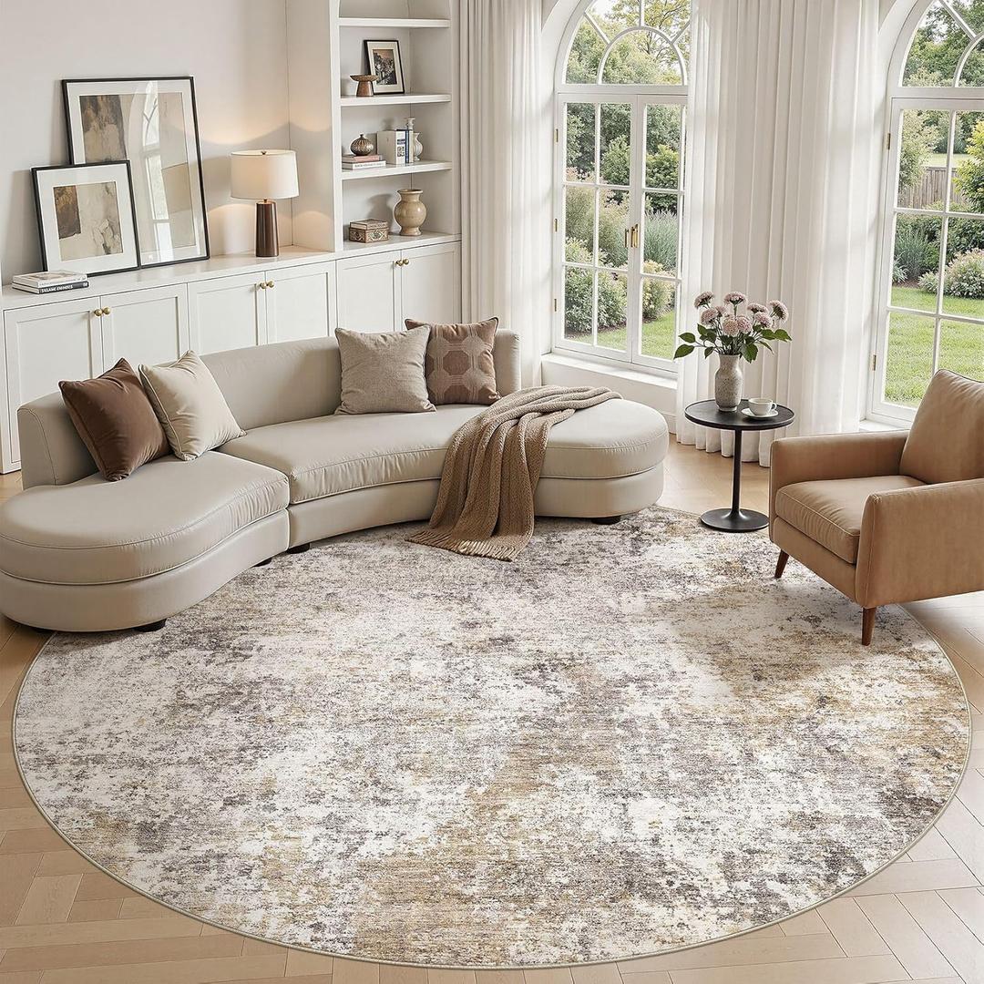 Nakagishi 8ft Round Rug for Living Room:8x8 Washable Modern Abstract Large Area Rug with Non-Slip Silicone Backing,Low Pile Soft Carpet for Bedroom & Dining Decor,Ideal for Families-Brown