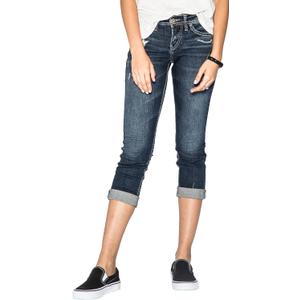 Silver Jeans Co. Women's Suki Curvy Fit Mid Rise Capri Jean (30 Regular, Dark Denimotion)