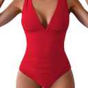 Eomenie One Piece Swimsuit for Women Tummy Control Plunge V Neck Bathing Suit Slimming Wide Straps Swimwear (Small, Red)