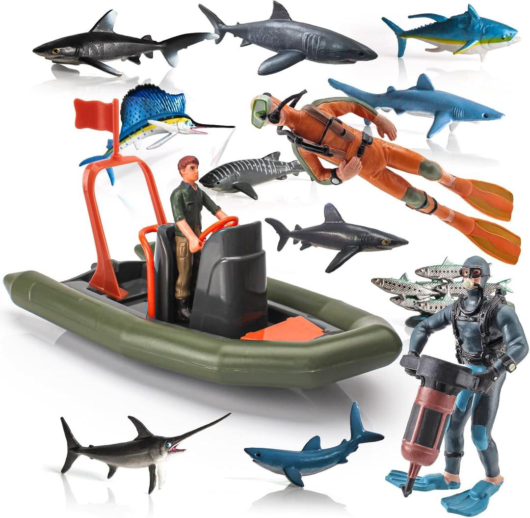 BRETOYIN 14PCS Mini Shark Bath Submarine Toys Set  Scuba Diver Unable to Wing Up for Kids  Educational Science Sharks Whale Figurines Model