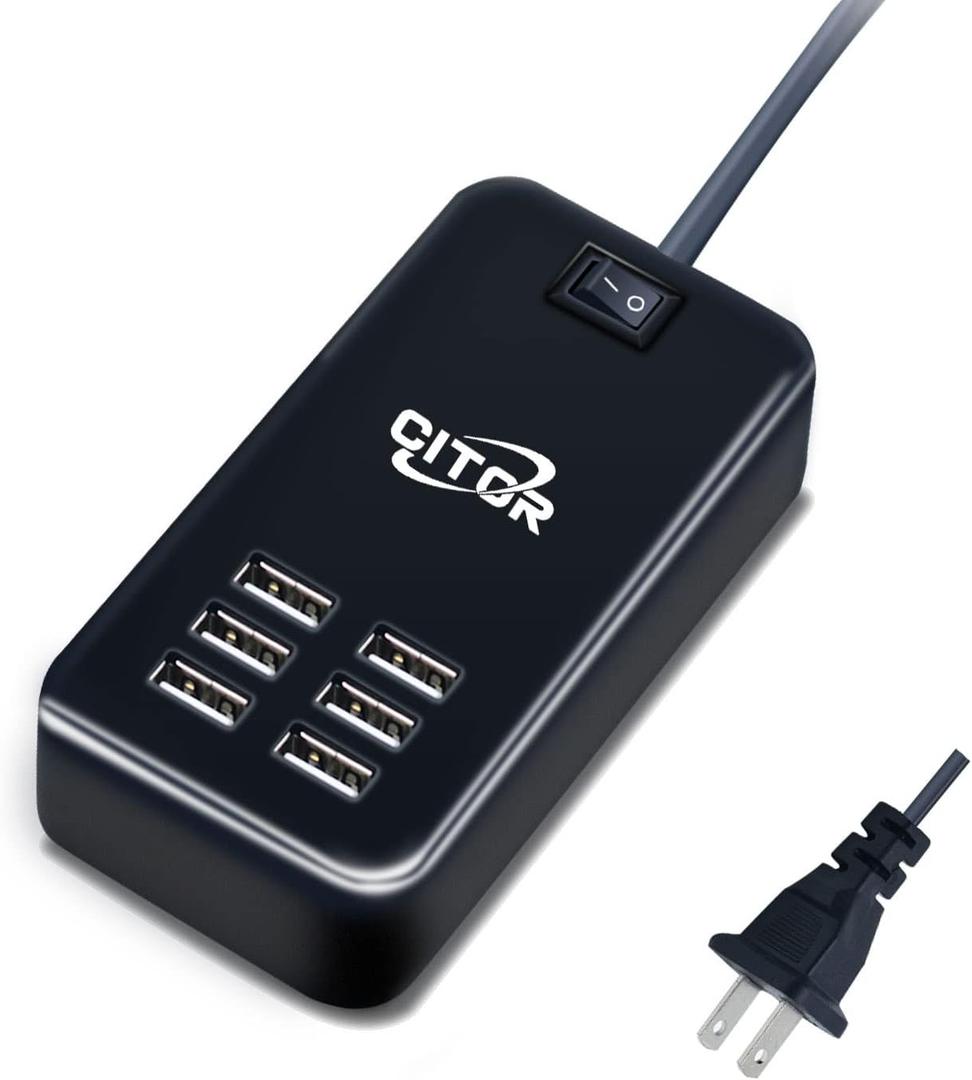 Multiport USB Charger, 6 Port USB Charging Station for Multiple Devices, Phone, Tablet, Power Strip with ON/Off Switch (Black)