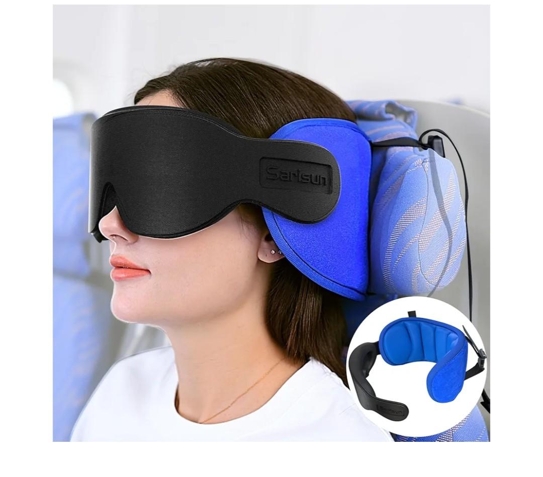 Travel Pillows for Airplanes, Airplane Pillow with 3D Eye Mask for Sleeping, 360° Support Headrest for Long Flight, Road Trip, Stop Bobblehead Travel Essential Airplane Sleep Head Strap, Blue