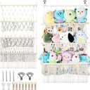 3 Tier Stuffed Animal Storage Shelf Net, 24x39 Inch Large Plushie Net w/LED Light & Clips for Mini Medium Stuffy Teddy, Beige Boho Macrame Wall Toy Holder Display for Nursery Kids Girls Boys