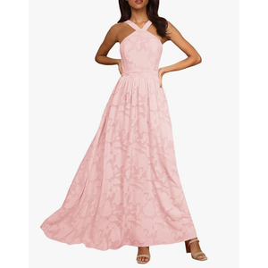 MITILLY Women's Summer Dresses 2025 Boho Halter Neck Sleeveless Smocked Floral Backless A Line Flowy Maxi Dress with Pockets L