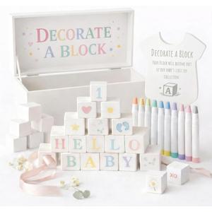Nolia Baby Shower Blocks Decorating Game 48 White Wooden Cubes to Decorate, Storage Box, 12 Acrylic Markers & Instruction Sign