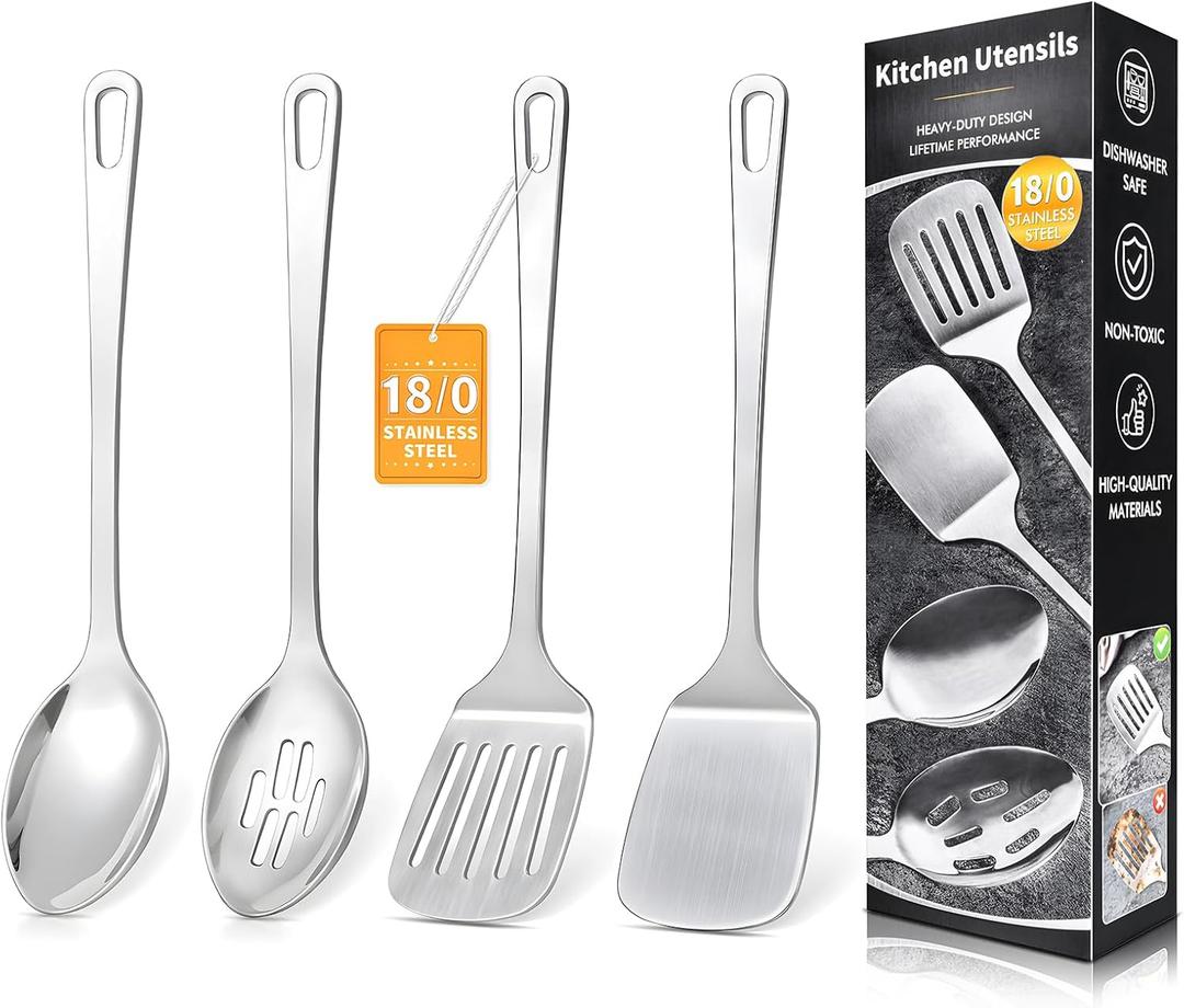 4 Pcs Cooking Utensils Set, Stainless Steel Kitchen Utensils, Heat Resistant Metal Kitchen Tools Include Solid & Slotted Turner Wok Spatula, Serving Spoon, Ergonomic Handle, Easy to Clean, Silver
