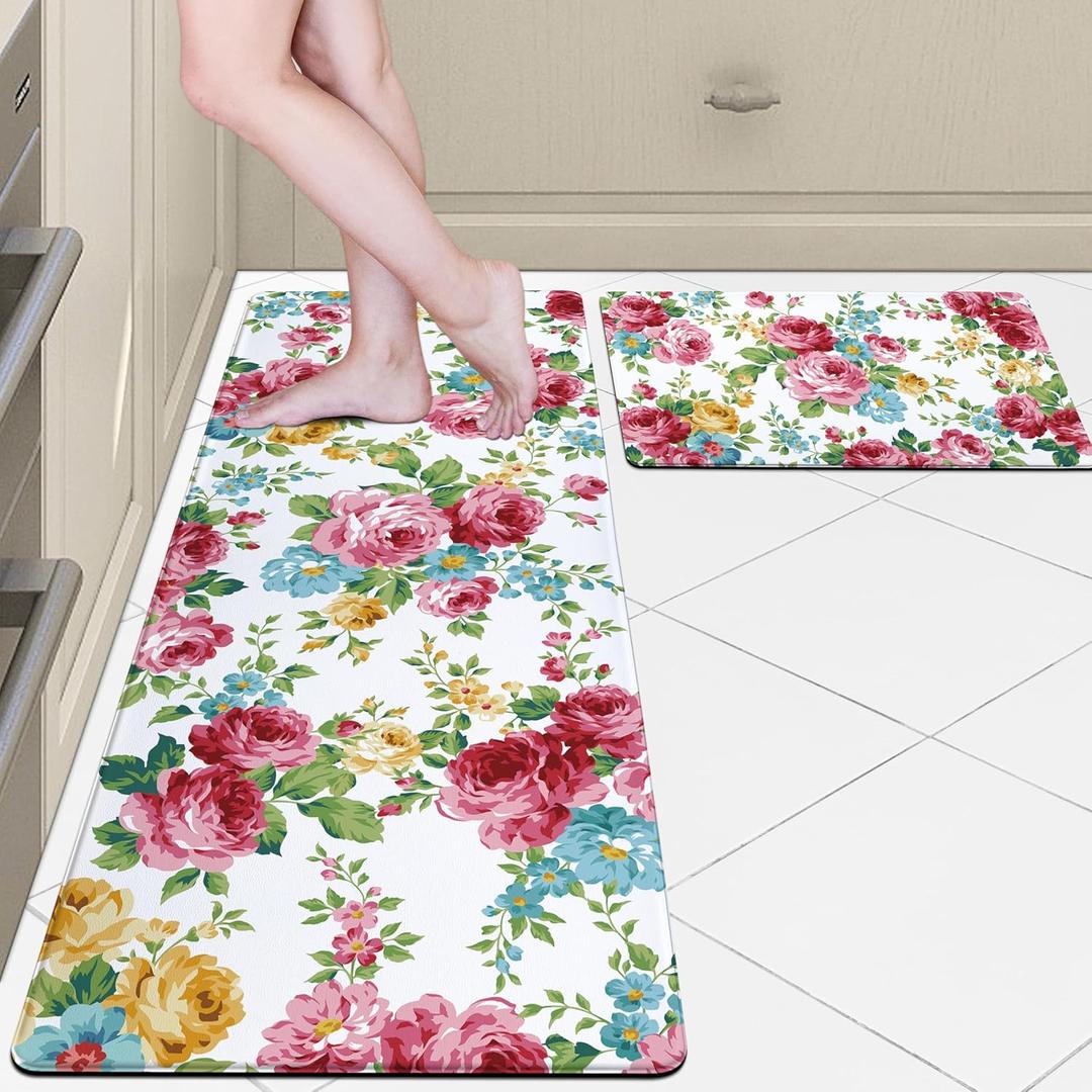 Rose Flower Kitchen Rugs Sets of 2 Anti Fatigue Cushioned Kitchen Floor Mats Vintage Kitchen Decor Non Skid Washable Comfort Standing Runner Mat for Home Sink (Pink, 17.5"x29.5"+17.5"x47")