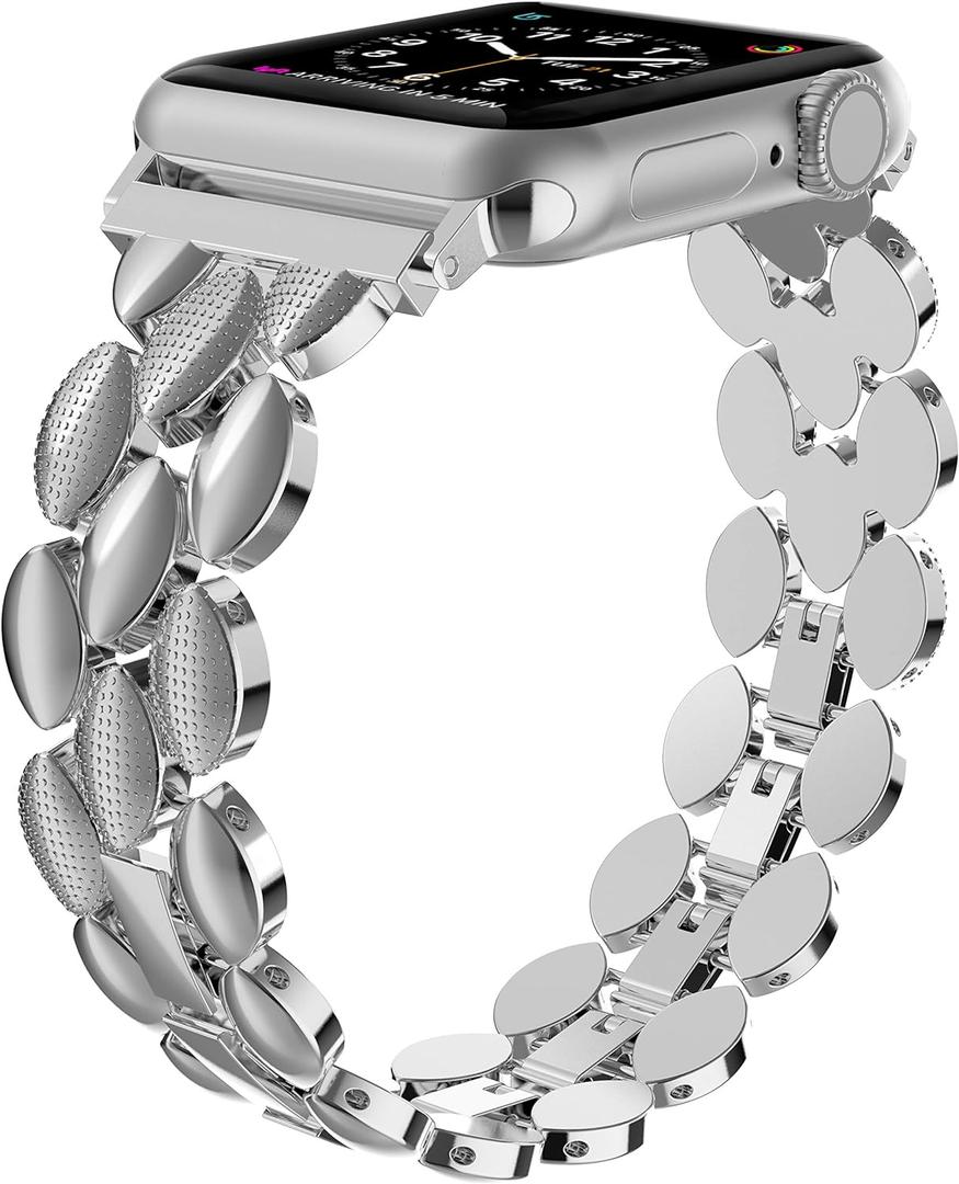 Moolia Elegant Metal Strap Compatible with Apple Watch Band 42mm 44mm 45mm 46mm 49mm Metal Fashion Women Replacement Strap Bracelet for iWatch Series 11/10/9/8/7/6/5/4/3/2/1/Ultra(1/2/3) Silver