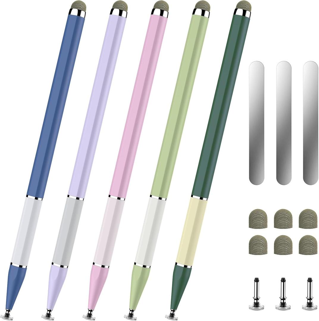Bopomofo Stylus Pen for Touchscreen,5 PCS 2-in-1 Magnetic Stylus Pen High Sensitivity & Precision Stylus,Extended Pen Body Design,Compatible with Touch Screens(9 Tips + 3 Magnetic Sheets) (Pink/Purple/Blue/Light Green/Dark Green)