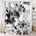 Litabel Black Watercolor Floral Shower Curtain, Plant Leaves with Flower Shower Curtains for Summer Bathroom Decor, White Modern Fabric Botanical Waterproof Shower Curtain Set with Hooks 72x72 Inch