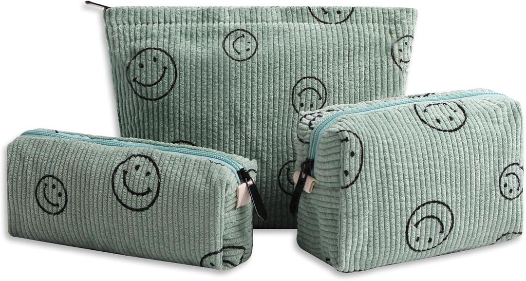 Cosmetic Bags for Women - 3PCs Corduroy Cosmetic Bag Aesthetic Women Handbags Purses Smile Dots Makeup Organizer Storage Makeup Bag Girls Case Bags (3Pcs green)
