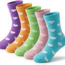 Girls Kids Socks Cotton Sock White Pink Crew Socks with Hearts, 5 Pairs Soft Breathable Child Sock for Valentine's Day