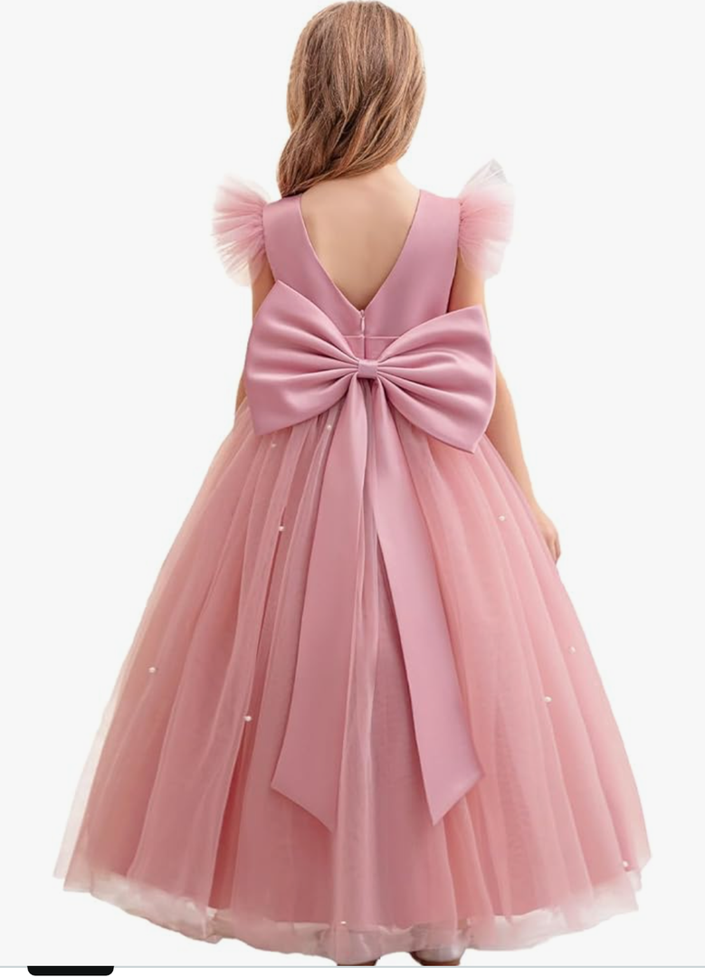 Flower Girl Dress V-Back Ruffle Sleeve Satin Tulle Wedding Guest Party Birthday Dresses Kids Pageant Communion Gown