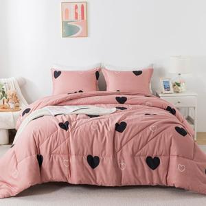 Caressma Love Pattern Girls Pink Comforter Set Twin Size, Cameo Brown Cute Love Heart Print Sexy Comforter Bedding Set for All Seasons, Geometric Soft Microfiber Comforter Set with Pillowcase
