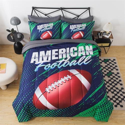 Qjmiaofang Football Bedding Full Size Kids American Football Comforter Set Pieces Sport Themed Bed in A Bag for Boys Teens with Grey Sheets All-Season Rugby Printed Bed Set for Home Decor