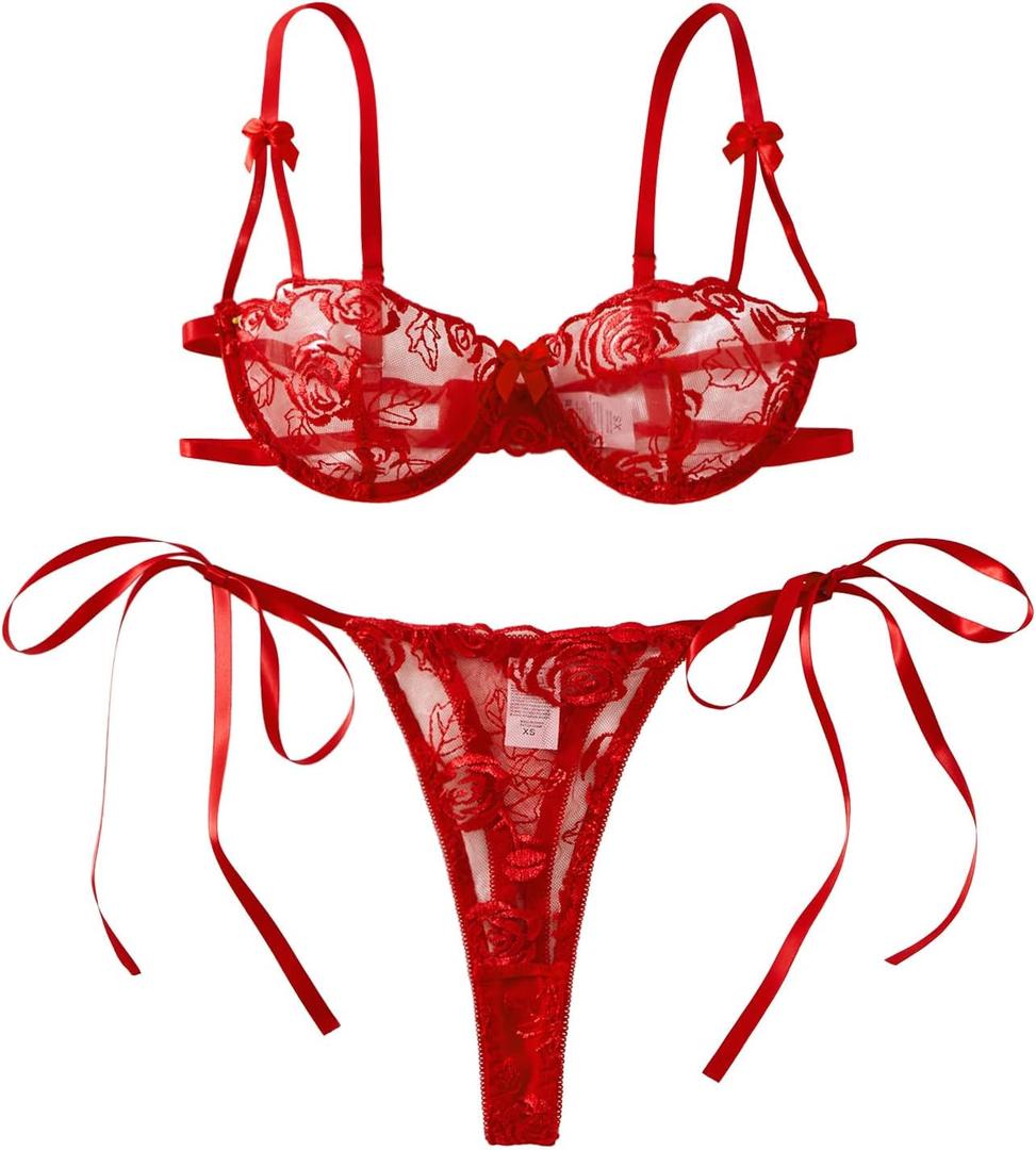 Lilosy Sexy Tie Side Cute Underwire Push Up Strappy Embroidered Mesh Sheer Lingerie Set (Small, Bow Pattern Red)