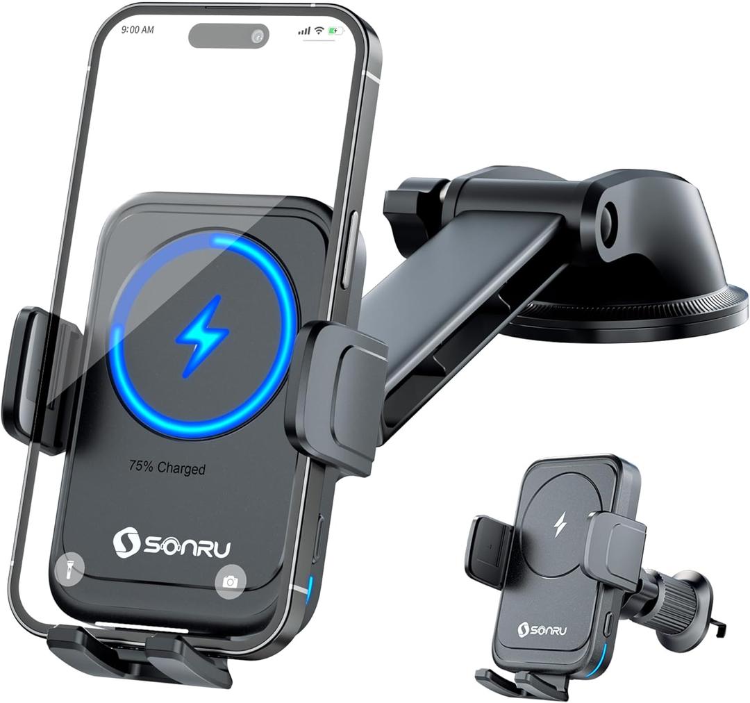 SONRU Car Phone Holder Wireless Charger, Qi 15W Wireless Car Charger Fast Charging Auto Clamping Car Charger Mount Suction Holder Dashboard Air Vent for iPhone 16/15/14/13/12/11, Samsung S25/24 (Black)
