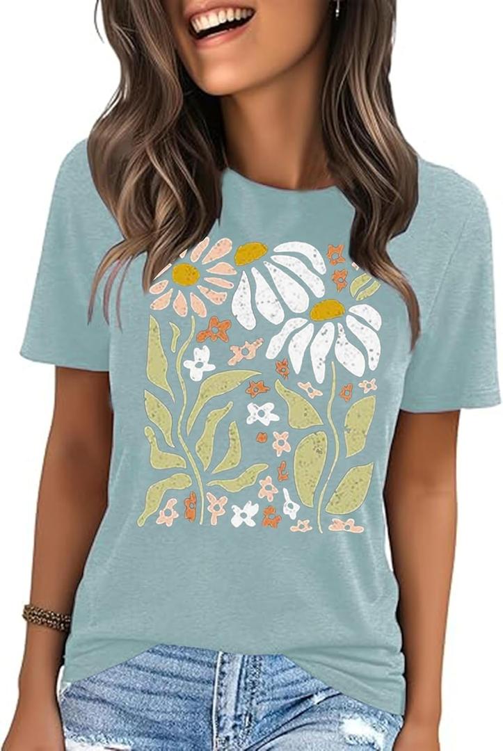 jusgai Women's Vintage Flowers Tshirts Floral Graphic Tees Wildflowers Shirts Summer Vacation Casual Short Sleeve Tops (XXL)