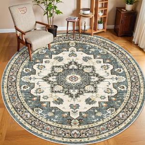 Washable Oriental Area Rug - 9ft Round Rugs for Living Room Soft Carpet for Bedroom Waterproof Floral Distressed Indoor Stain Resistant Non-Shedding Floor Carpets (Blue, 9ft-Round)