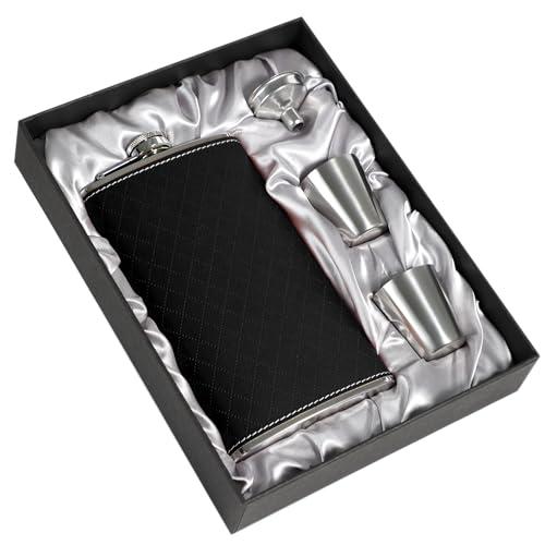 LHD HOME Flask For Men,350ml/12oz Hip Flask, 304 Food Grade Stainless Steel, 2 Cups And Funnel Portable Gift Bbox For Whiskey Rum Groomsman Best Man Usher Wedding-Leather Rhomboid Stripe Black