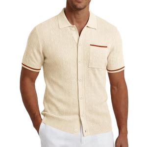 COOFANDY Men's Knit Button Down Shirt 2025 Vintage Short Sleeve Polo Shirt Casual Beach Tops (3X-Large, Cream)